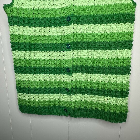 Homemade Sweater Vest Hand Knit M/L Green Chunky Knit Buttons V-Neckline Stripe - Picture 4 of 10